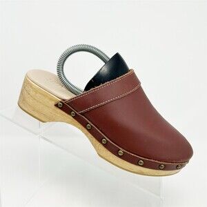 ZARA Clogs Womens Brown Leather Slip On Studded Platform Mule Shoes Size 35